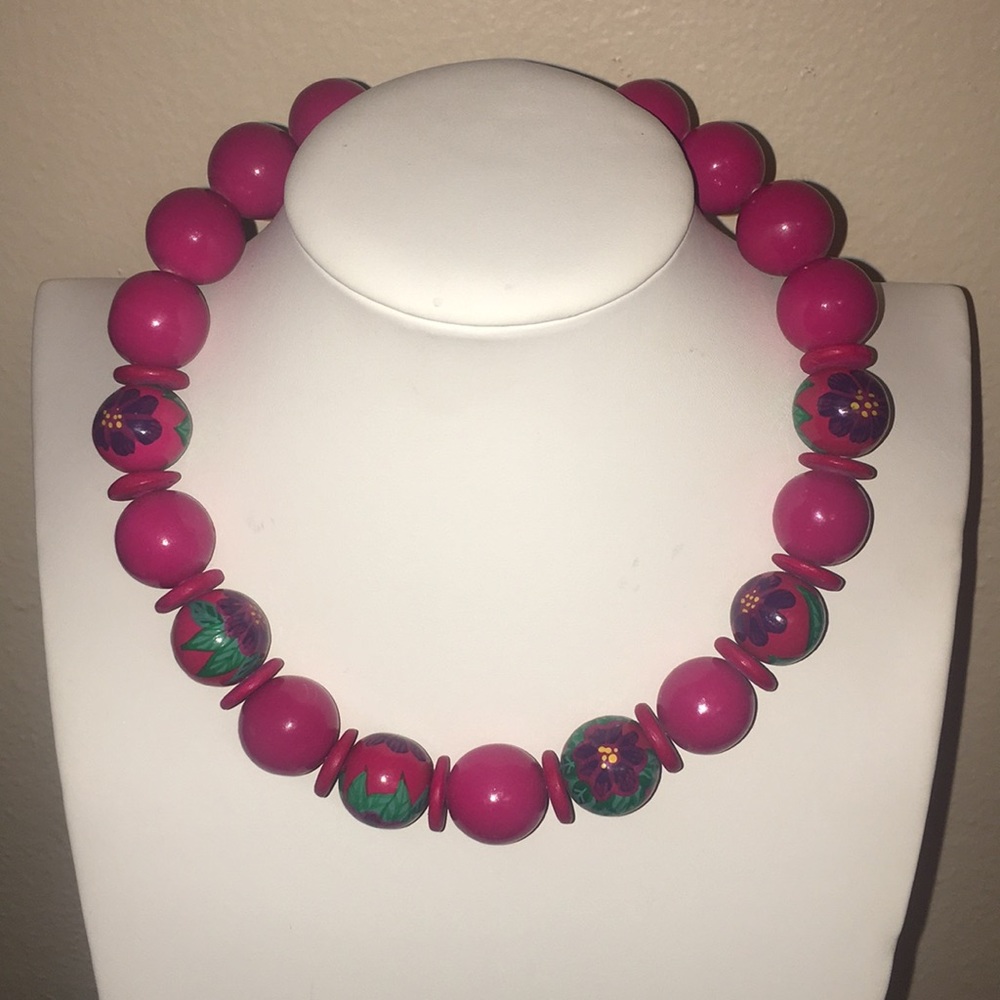 Tropical Vintage Wood Painted Statement Necklace